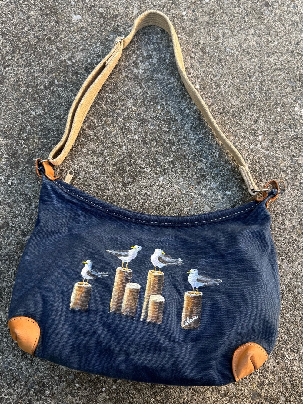 Hand Painted Seagull Navy Canvas Shoulder Bag | Coastal Nautical Artisan